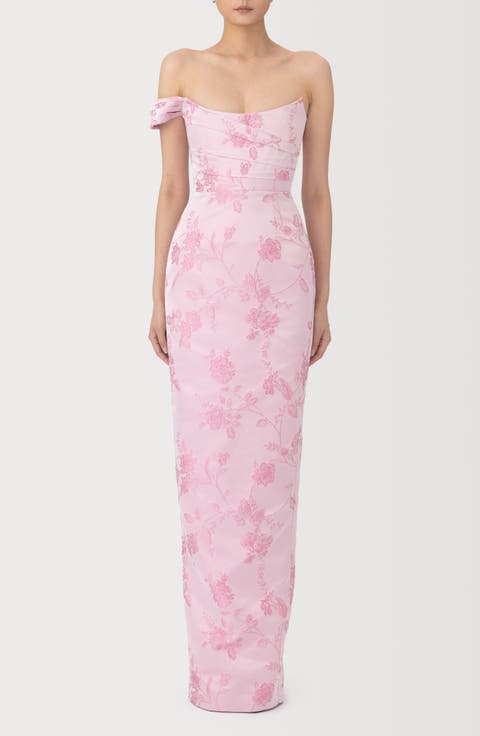 Jackson Metallic Floral Brocade Cateye Strapless Gown