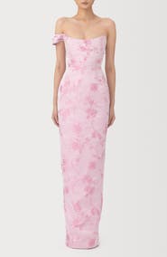 SAU LEE Jackson Metallic Floral Brocade Cateye Strapless Gown