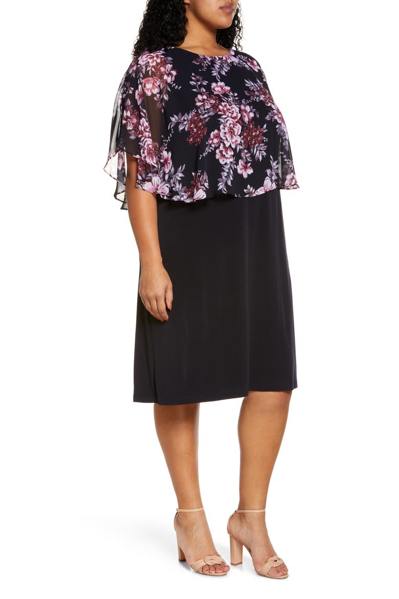Floral Overlay Cape Dress, Alternate, color, NAVY