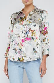L'AGENCE Dani Butterfly Print Silk Button-Up Shirt