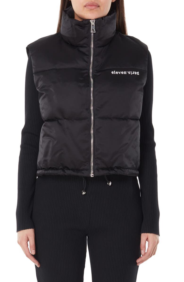 elevenparis Water Resistant Crop Puffer Vest, Main, color, Black