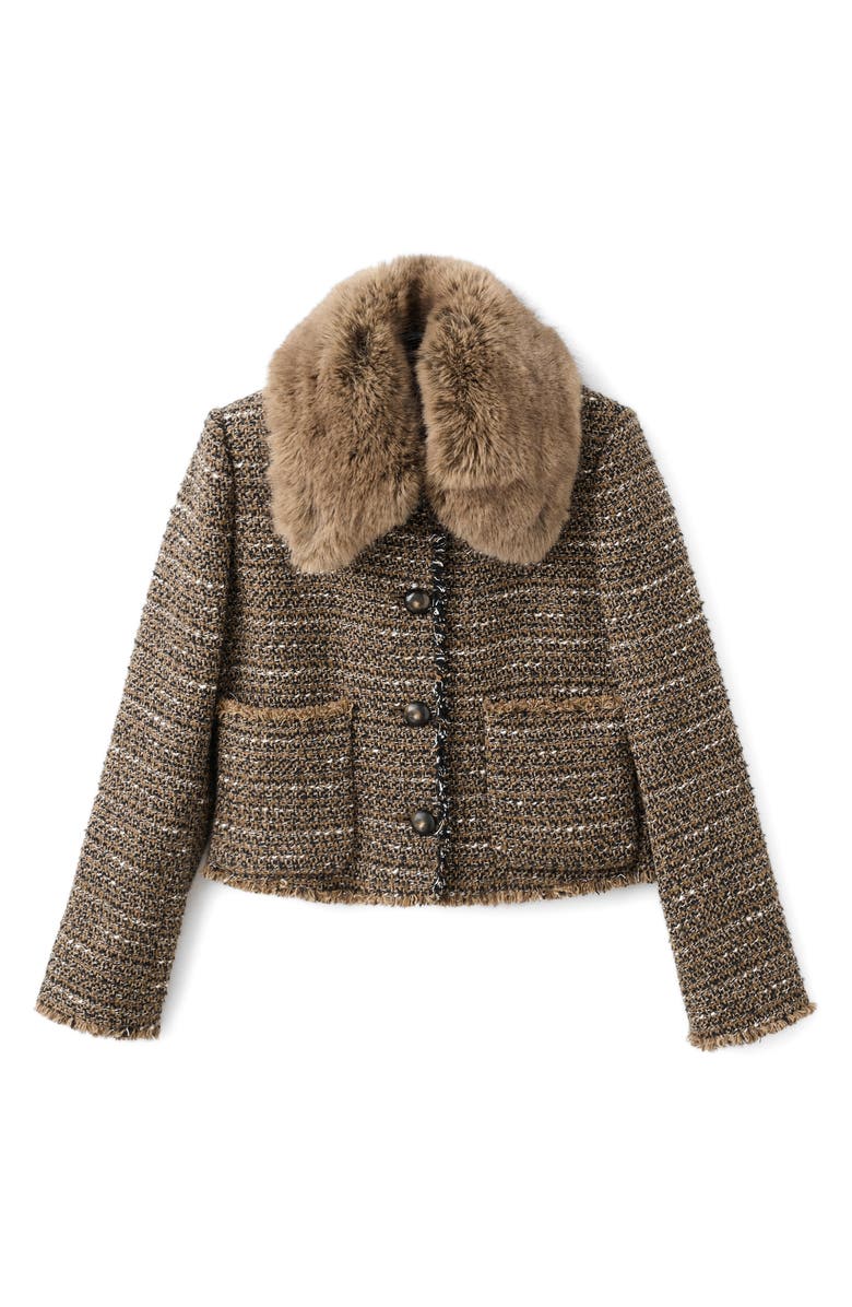 MANGO Fringe Tweed Jacket with Faux Fur, Alternate, color, Brown