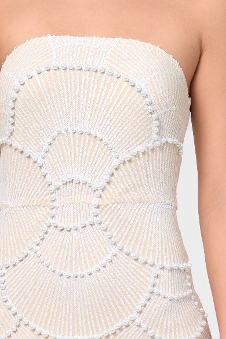 Gaia Strapeless Pearl Midi Dress, Alternate, color, White