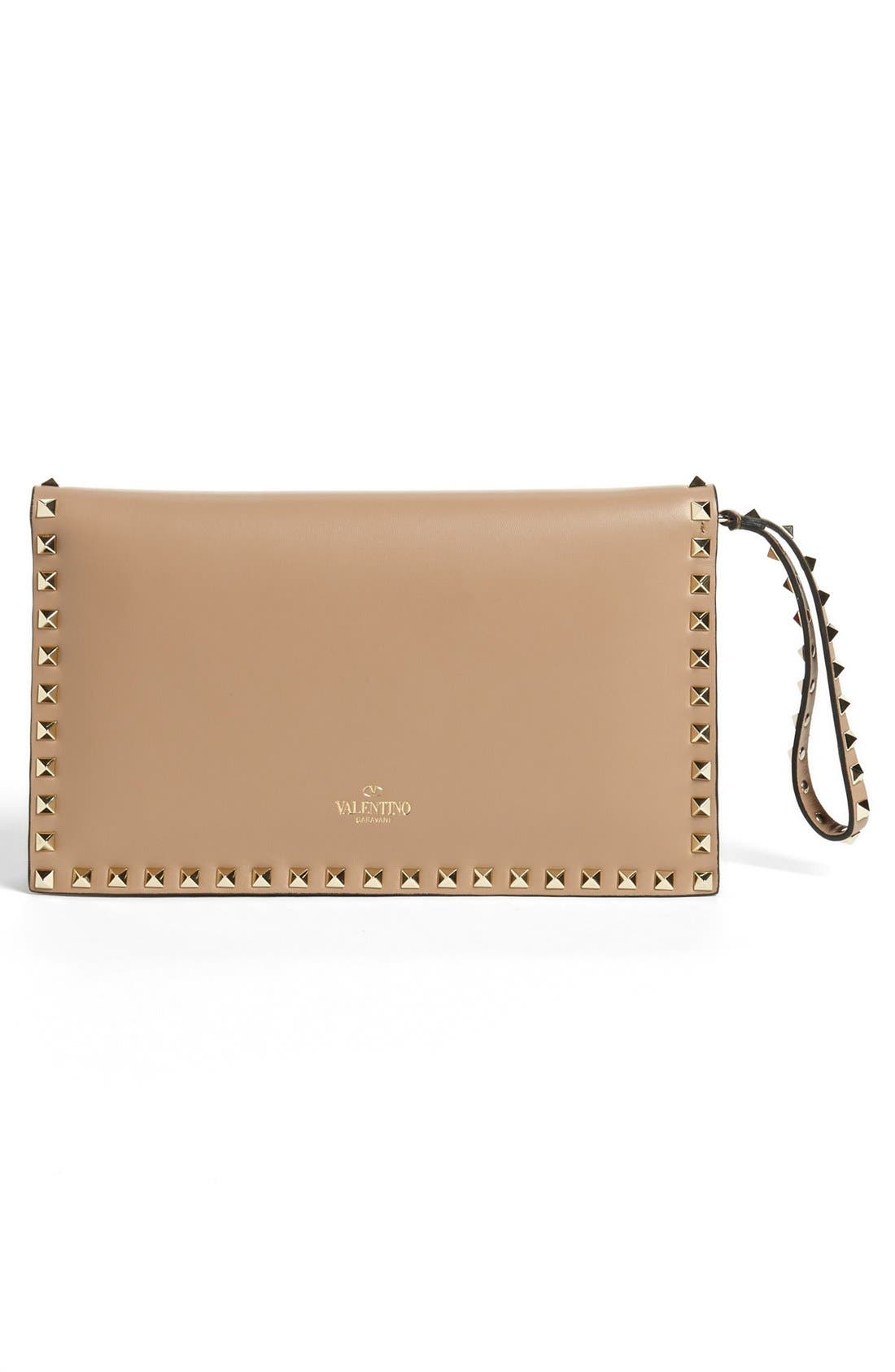 'Rockstud' Nappa Leather Flap Clutch, Alternate, color, ALPACA