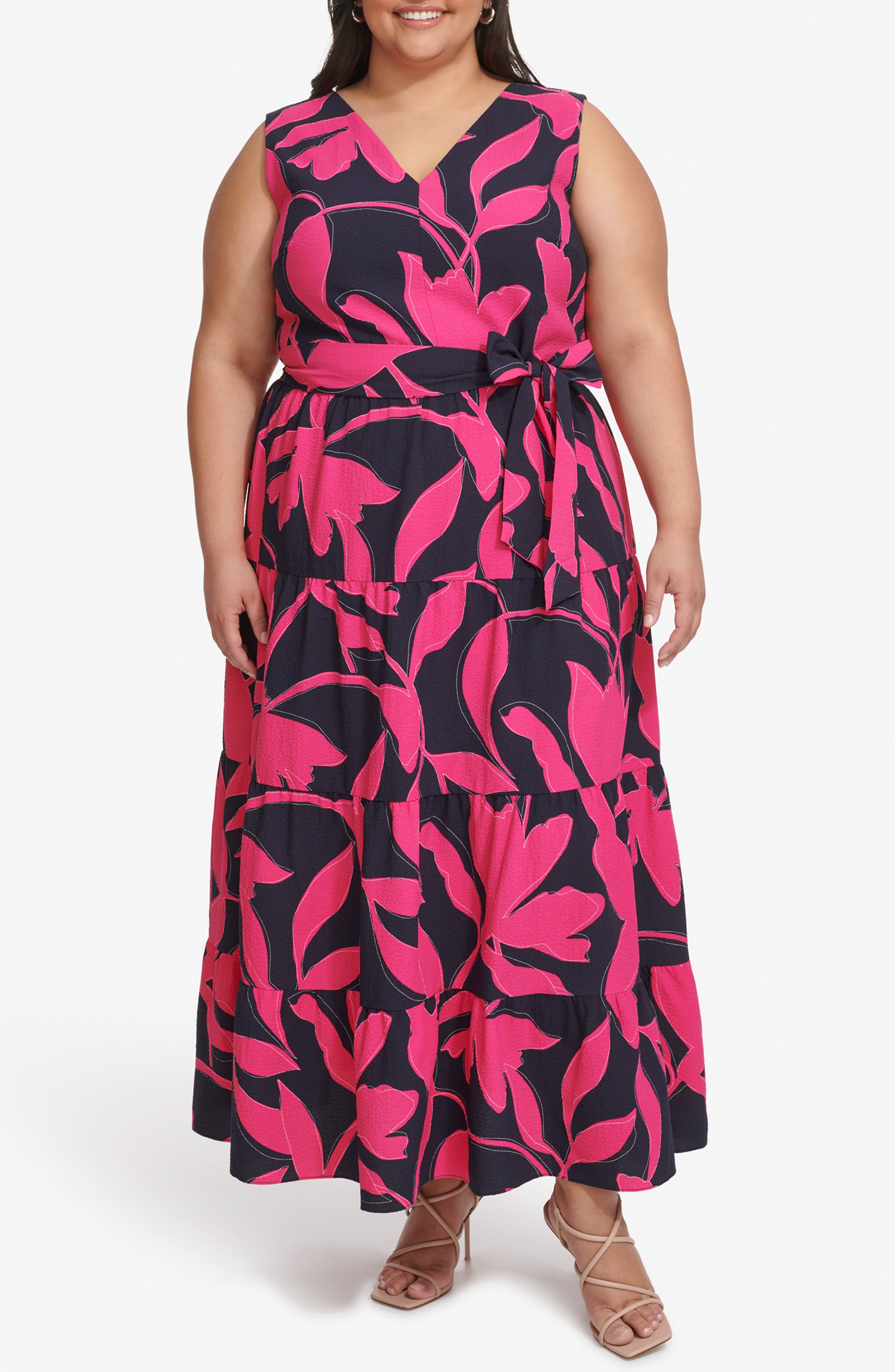 DKNY Floral Sleeveless Tiered Maxi Dress