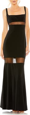Ieena for Mac Duggal Sheer Mesh Panel Sheer Detail Column Gown