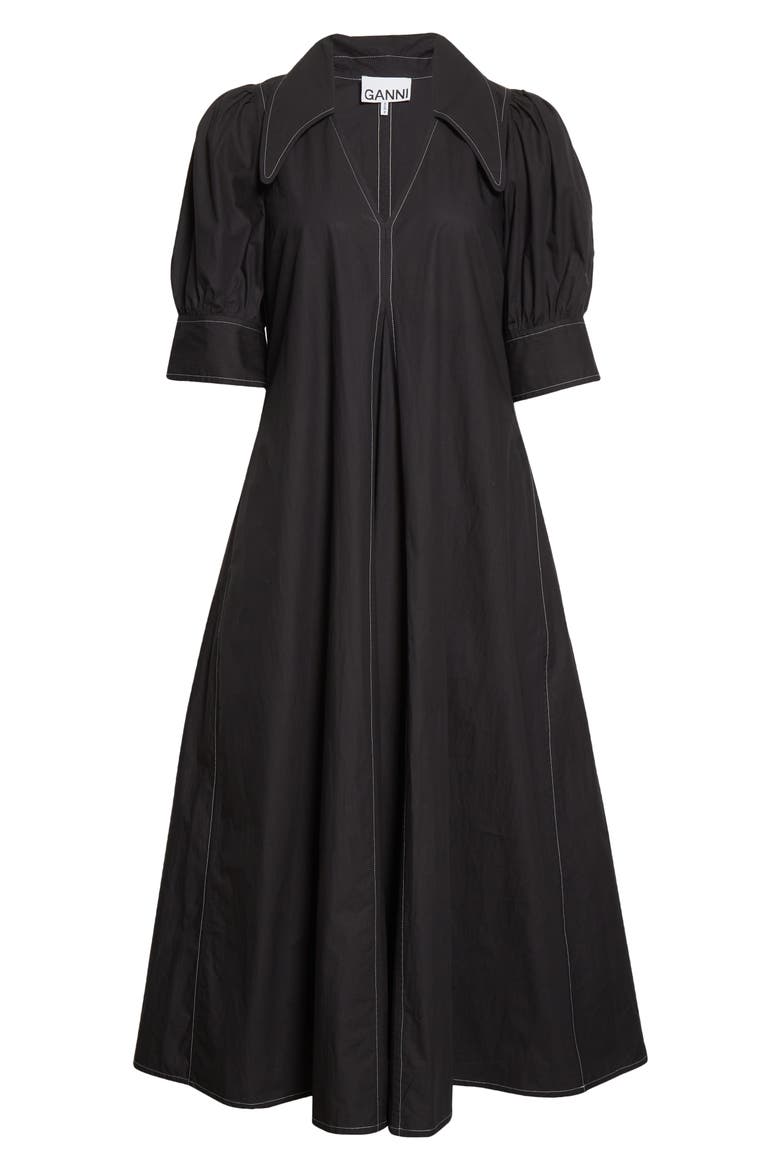 Point Collar Cotton Poplin Maxi Dress, Alternate, color, BLACK