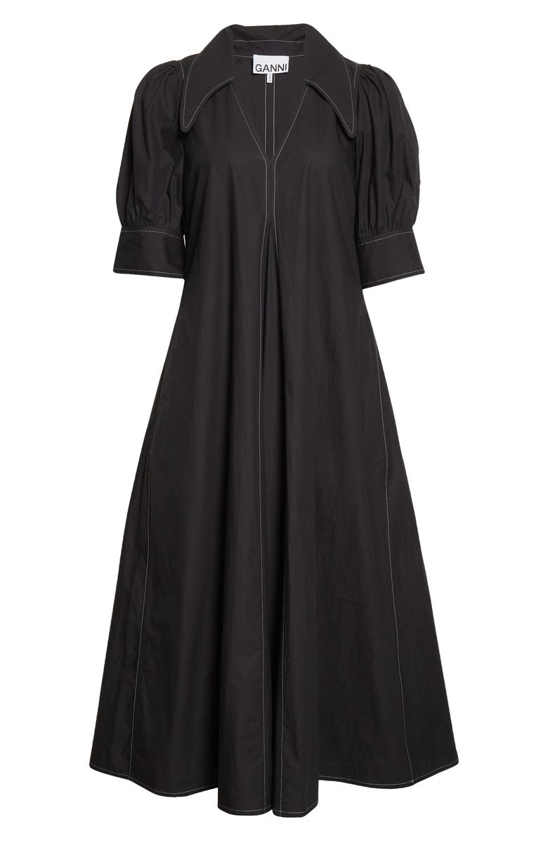 Ganni Point Collar Cotton Poplin Maxi Dress, Alternate, color, 