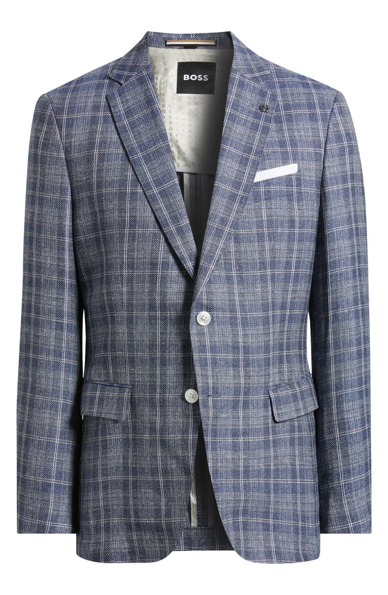 BOSS Hutson Plaid Virgin Wool & Linen Sport Coat, Alternate, color, Dark Blue