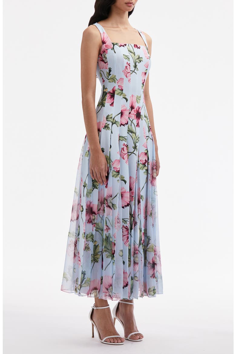 Poppy Print Pleated Square Neck Dress, Alternate, color, LIGHT BLUE/ PINK