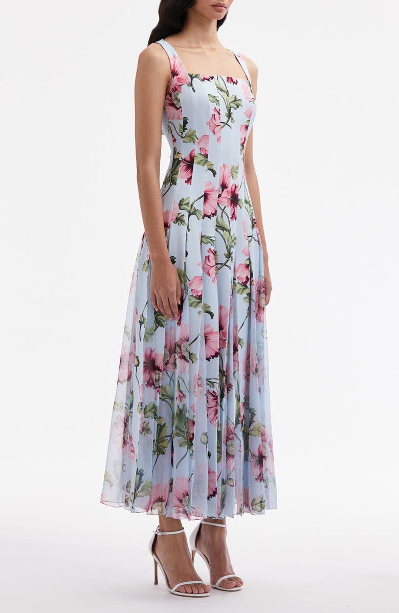Oscar de la Renta Poppy Print Pleated Square Neck Dress, Alternate, color, 