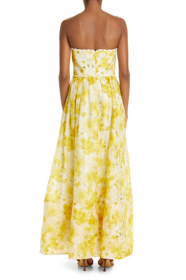Wonderland Floral Strapless Linen & Silk Maxi Dress, Alternate, color, DAFFODIL PRINT