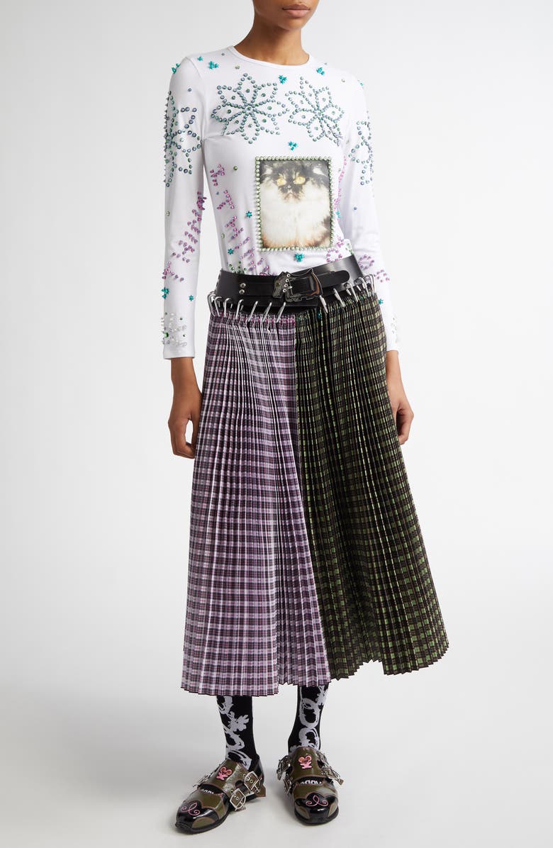 Chopova Lowena Catherine Mixed Plaid Pleated Carabiner Midi Skirt, Alternate, color,