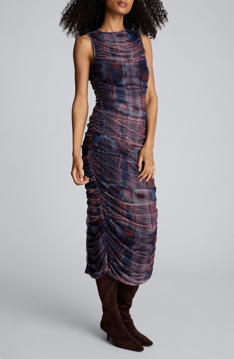 Kenneth Cole Abstract Print Ruched Mesh Midi Dress, Alternate, color, 