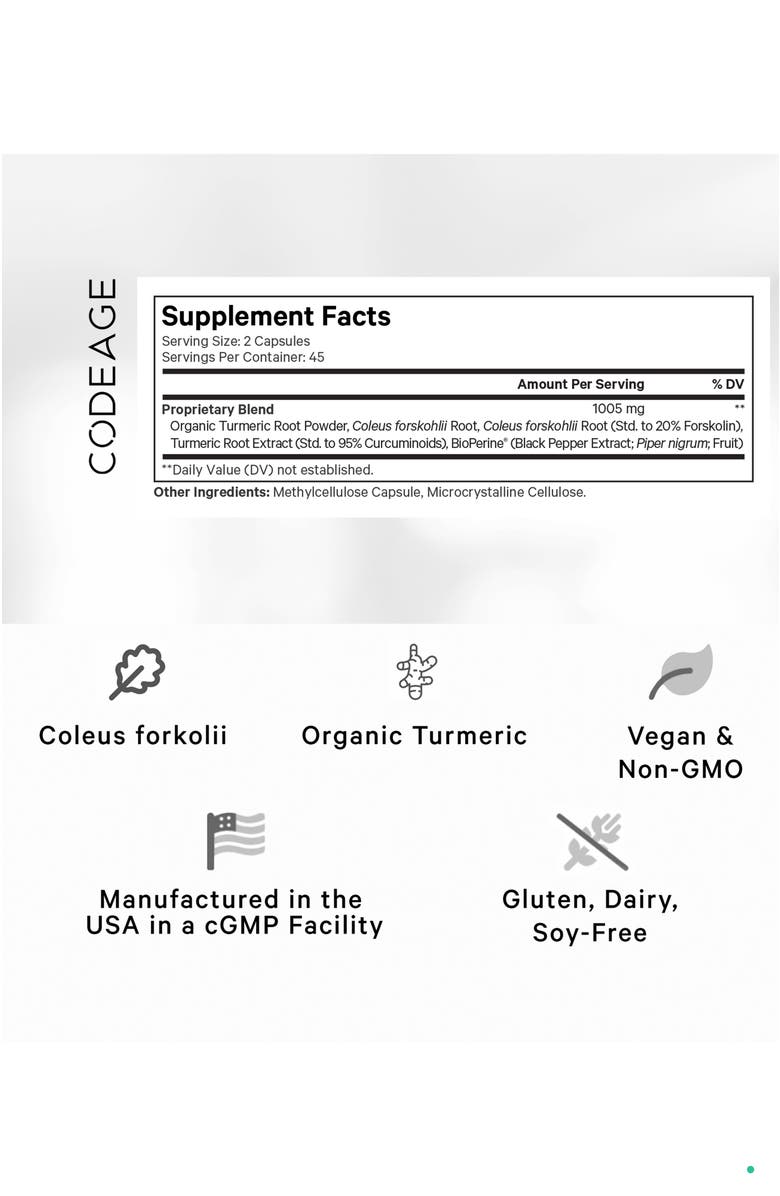 Codeage Forskolin Turmeric Supplement + Turmeric & Black Pepper, Alternate, color, White