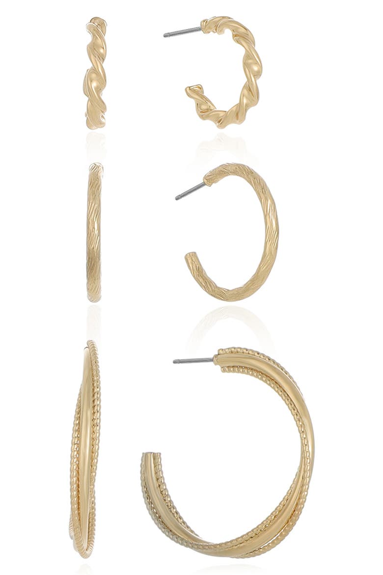 Set of 3 Mixed Hoop Earrings, Main, color, GOLD