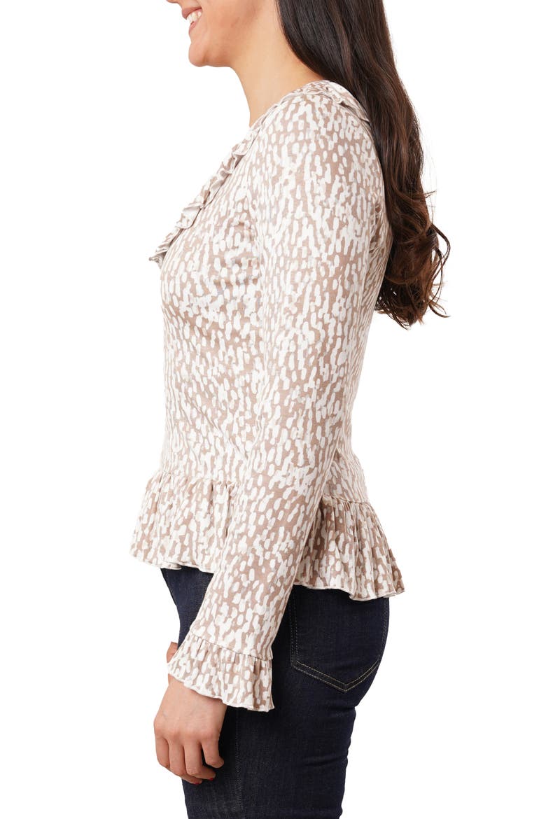 Ruffle V-Neck Long Sleeve Top, Alternate, color, KALI PRINT TAUPE