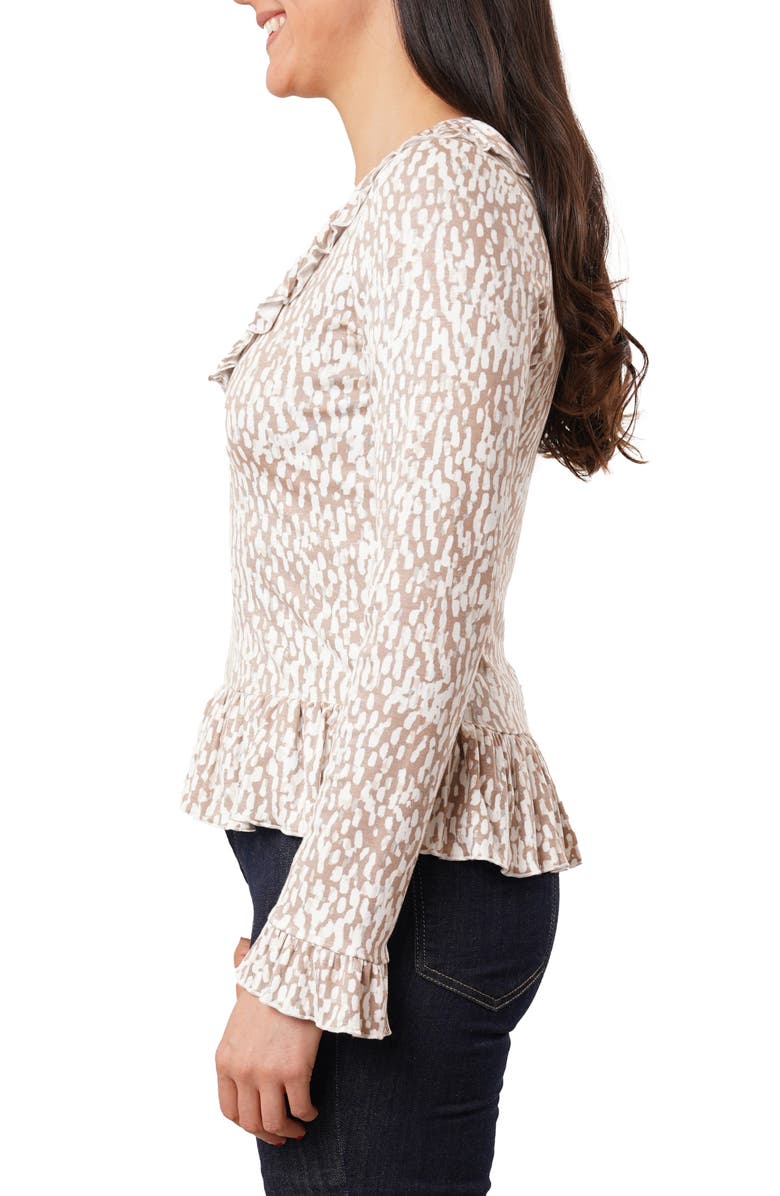 SUNNY LEIGH Ruffle V-Neck Long Sleeve Top, Alternate, color, Kali Print Taupe