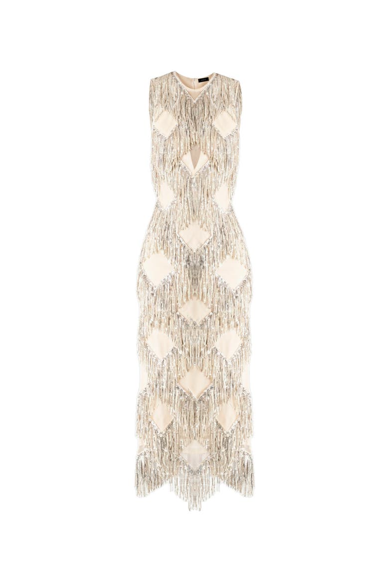 Deco Shimmer Fringe Midi Dress, Alternate, color, Silver