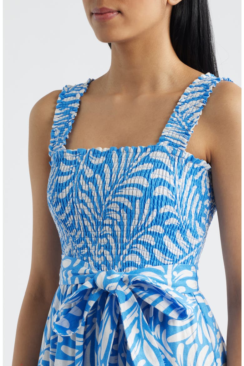Floral Print Linen Blend Midi Dress, Alternate, color, SEAPORT/ CRISPT WHITE