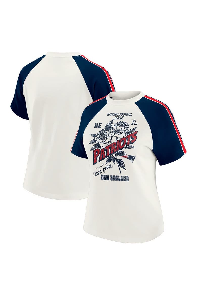 Women's WEAR by Erin Andrews White New England Patriots Sleeve Stripe Distressed Raglan T-Shirt, Main, color, White