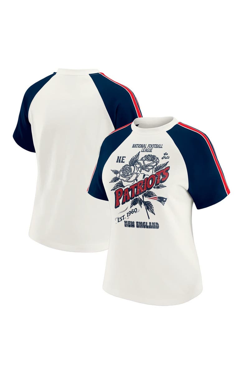WEAR by Erin Andrews Women's WEAR by Erin Andrews White New England Patriots Sleeve Stripe Distressed Raglan T-Shirt, Main, color, White