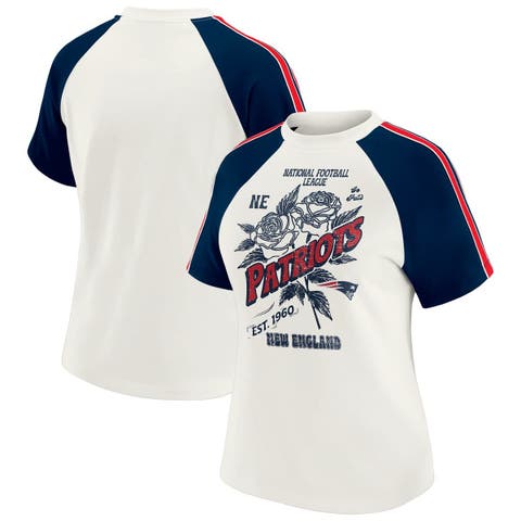Women's WEAR by Erin Andrews White New England Patriots Sleeve Stripe Distressed Raglan T-Shirt