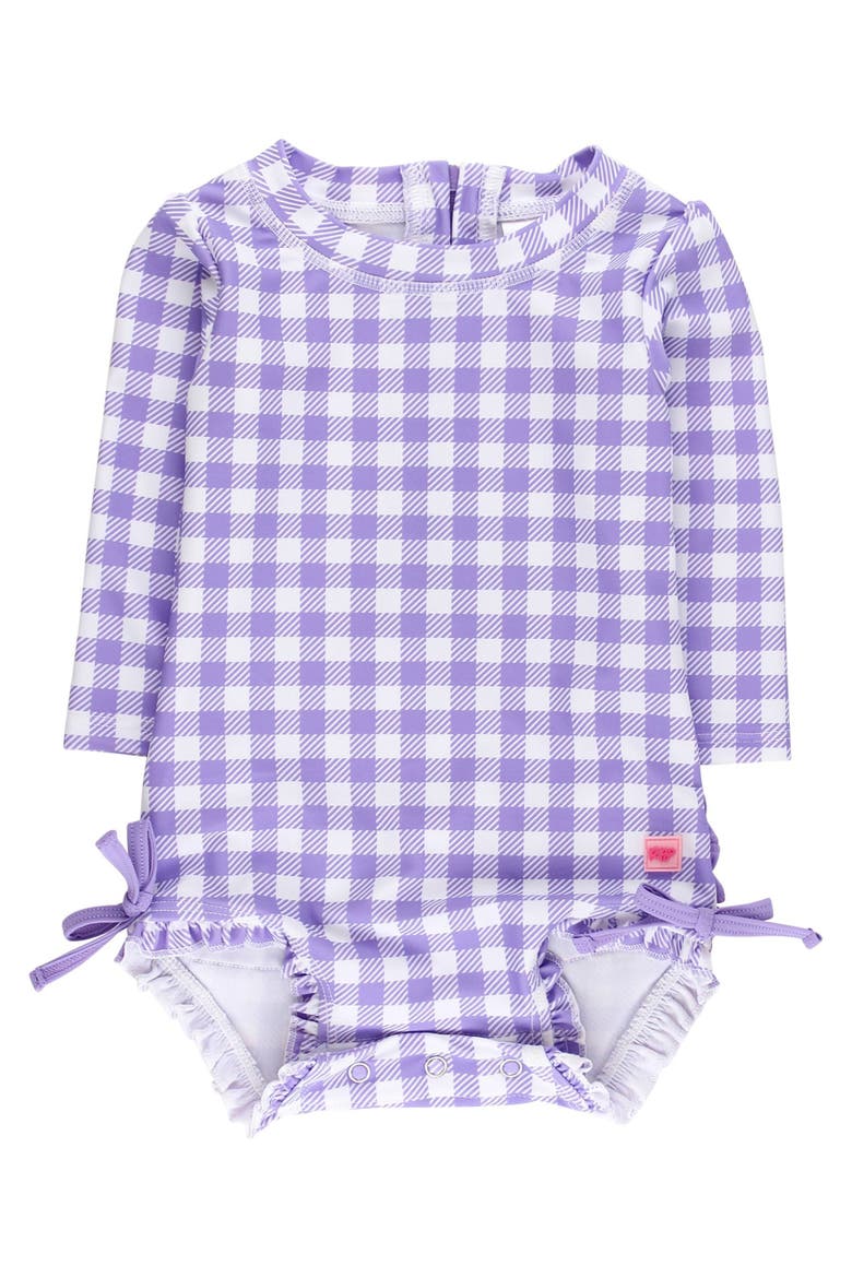 Baby Girls Gingham Long Sleeve UPF50+ One Piece Rash Guard, Main, color, Wisteria Purple Gingham