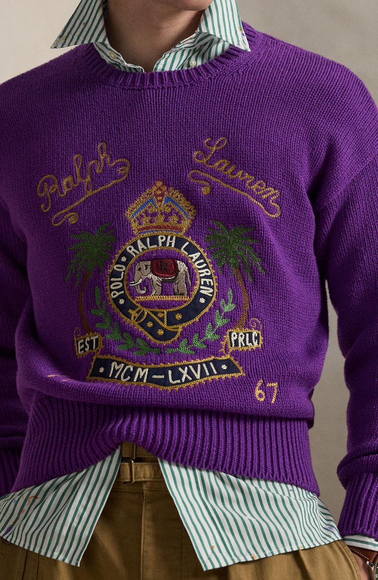 Polo Ralph Lauren Embroidered Cotton Sweater, Alternate, color, Passionflower Purple Heather