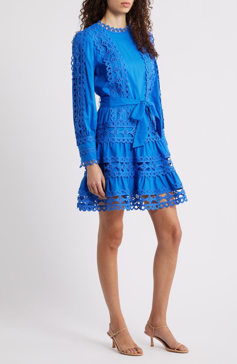 LAYERED WITH LOVE Linda Eyelet Trim Long Sleeve Cotton Minidress, Main, color, Cobalt