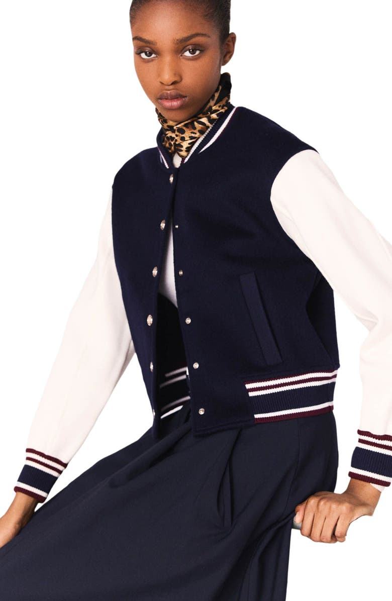 maje Mixed fabric bomber, Alternate, color, Navy