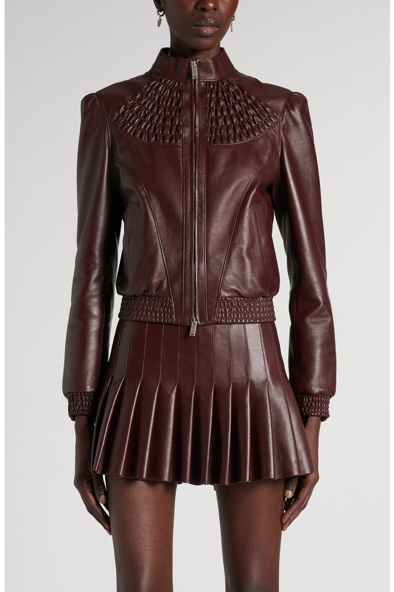 Smocked Lambskin Leather Bomber Jacket, Main, color, LACQUER