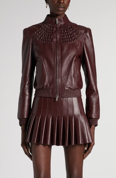 Smocked Lambskin Leather Bomber Jacket