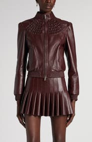 McQueen Smocked Lambskin Leather Bomber Jacket