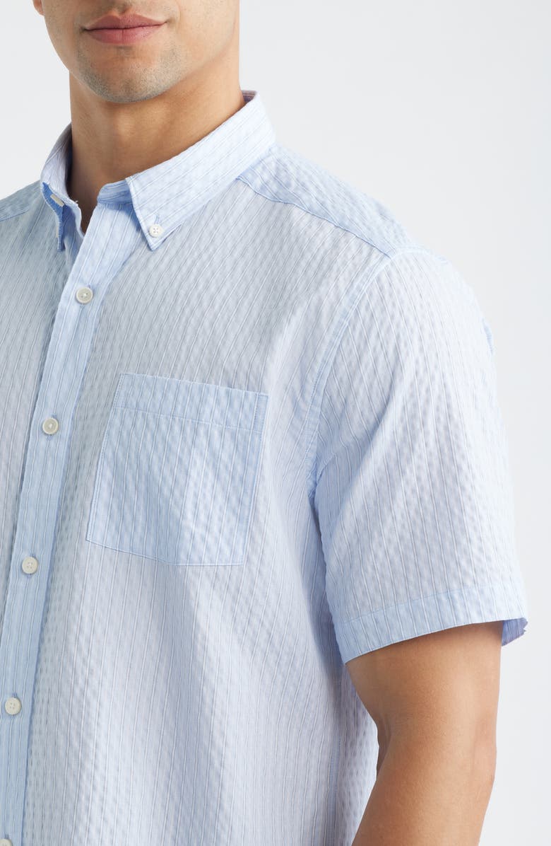 Johnston & Murphy Leland Stripe Short Sleeve Seersucker Button-Down Shirt, Alternate, color, Light Blue Striped Seersucker