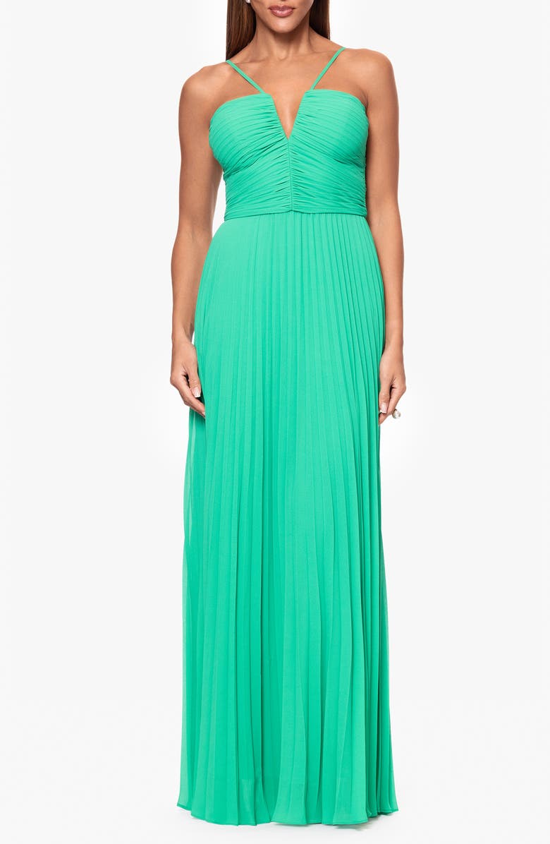 Xscape Evenings Pleated Chiffon Gown, Main, color, Emerald