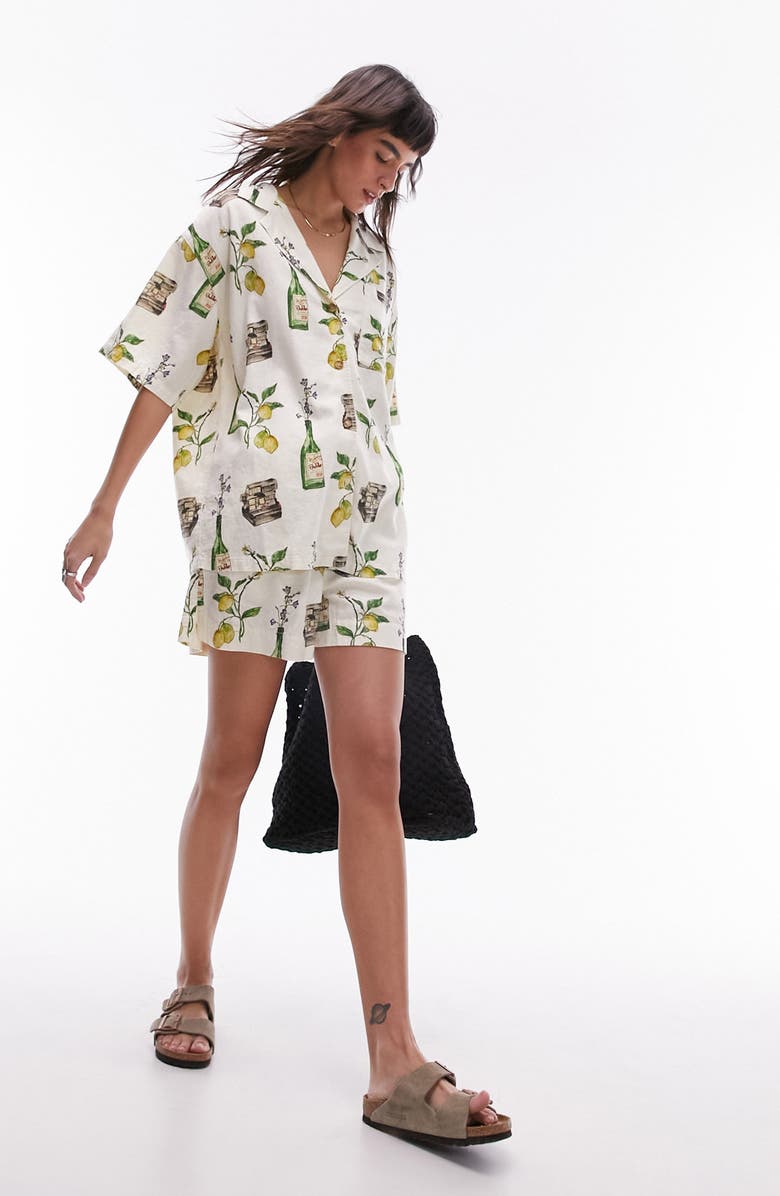 Topshop Still Life Print Linen Blend Short Sleeve Button-Up Shirt, Alternate, color,