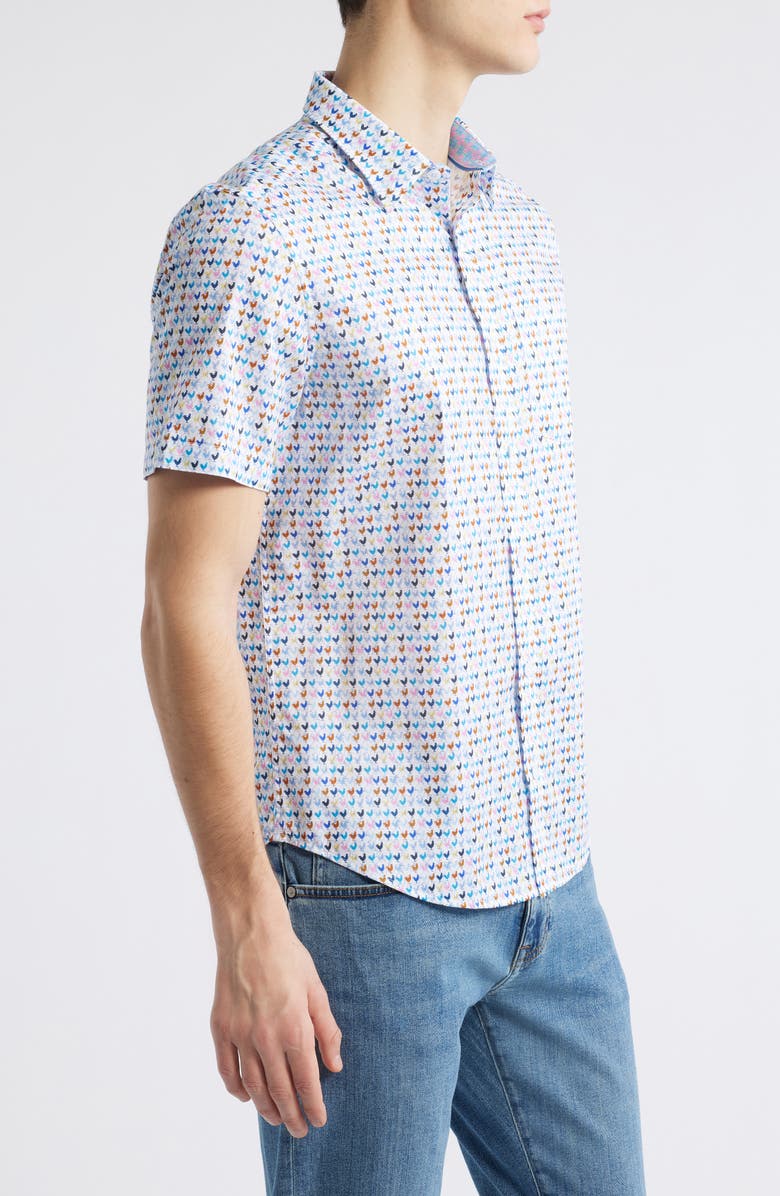 Johnston & Murphy Rooster Print Short Sleeve Button-Up Shirt, Alternate, color, White Multi