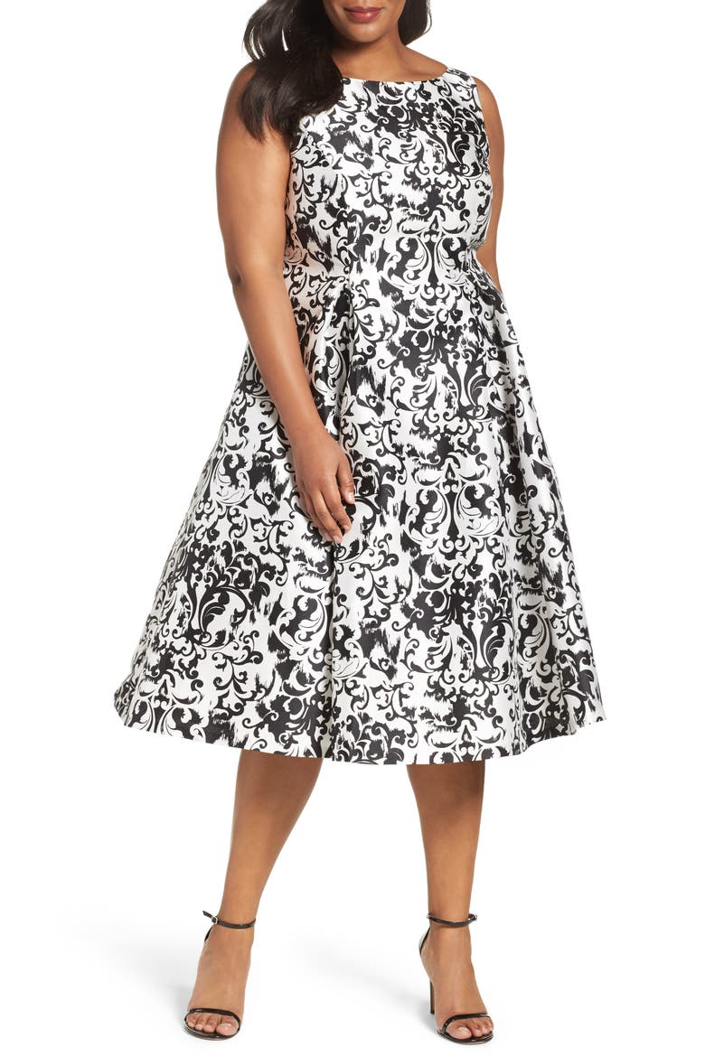 Fit & Flare Dress, Main, color, WHITE/ BLACK