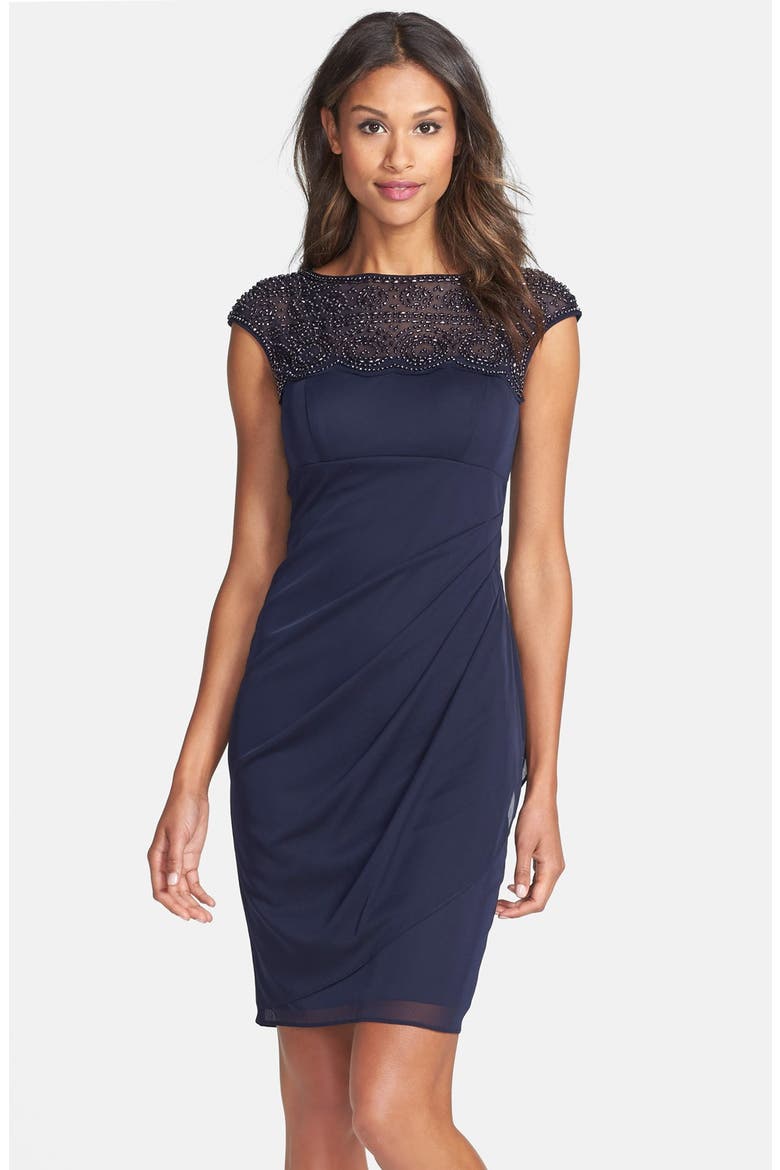 Xscape Beaded Jersey Sheath Dress, Main, color, NAVY