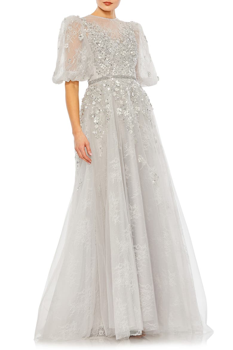 Embellished Puff Sleeve A Line Gown, Main, color, PLATINUM