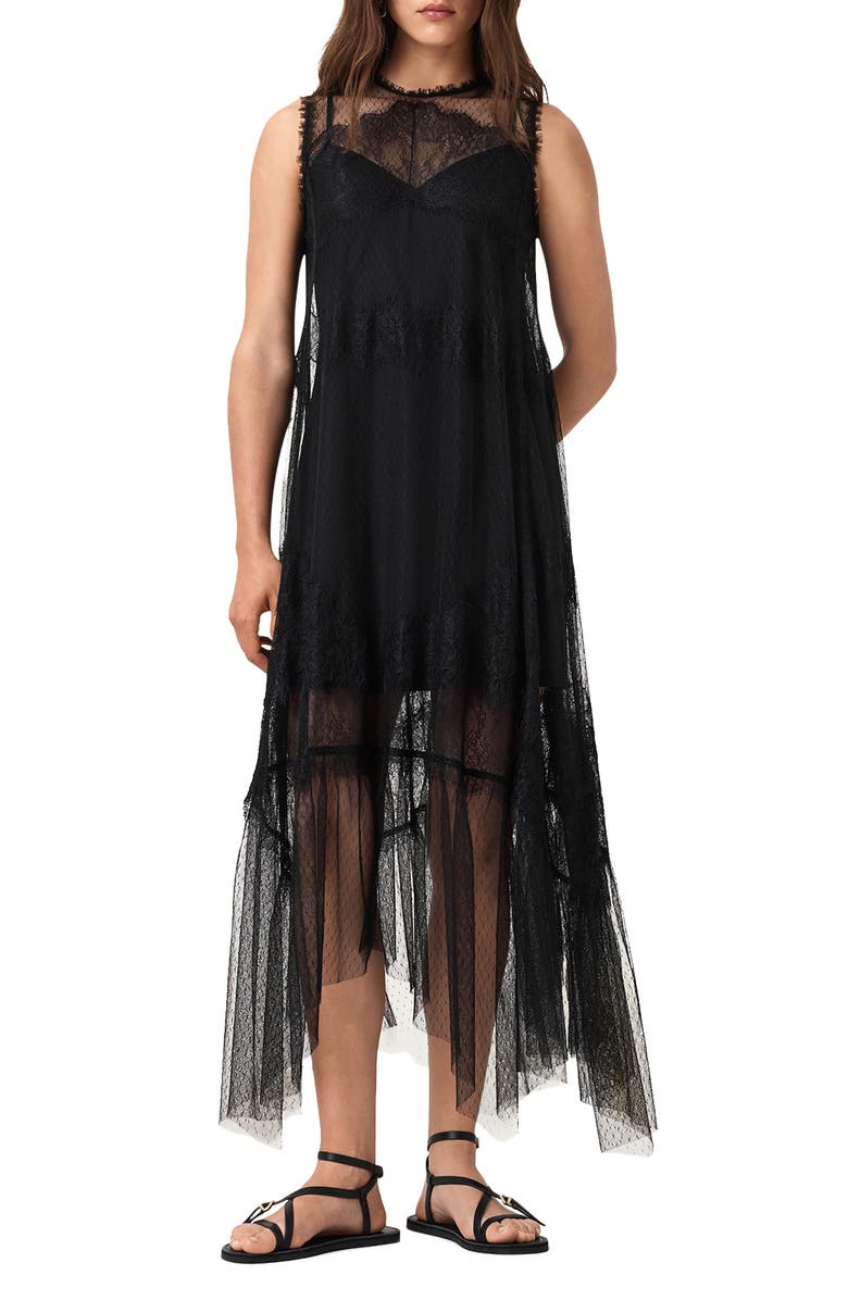 AllSaints Clara Sheer Lace Sleeveless Handkerchief Hem Dress, Main, color, 