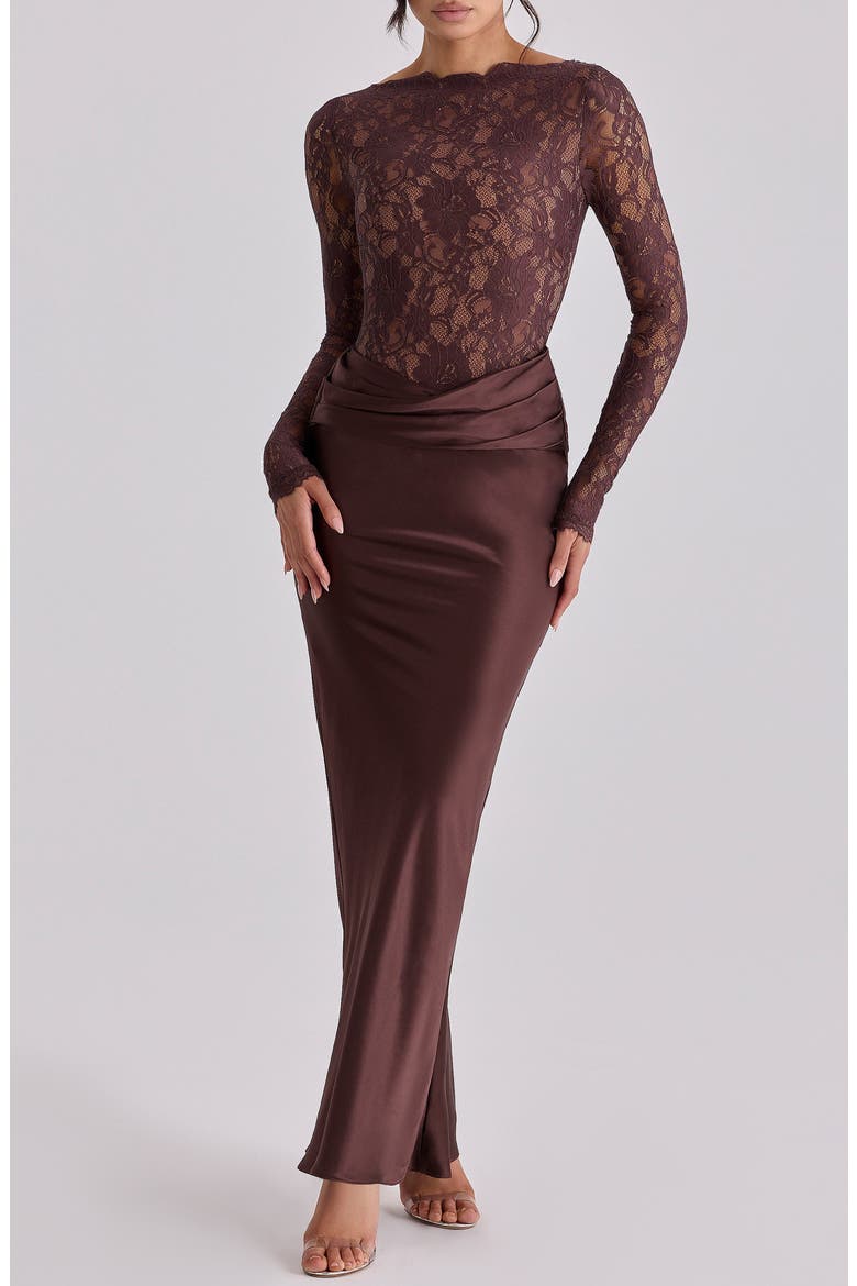 Yasmeen Long Sleeve Lace & Satin Two-Piece Gown, Main, color, BROWN