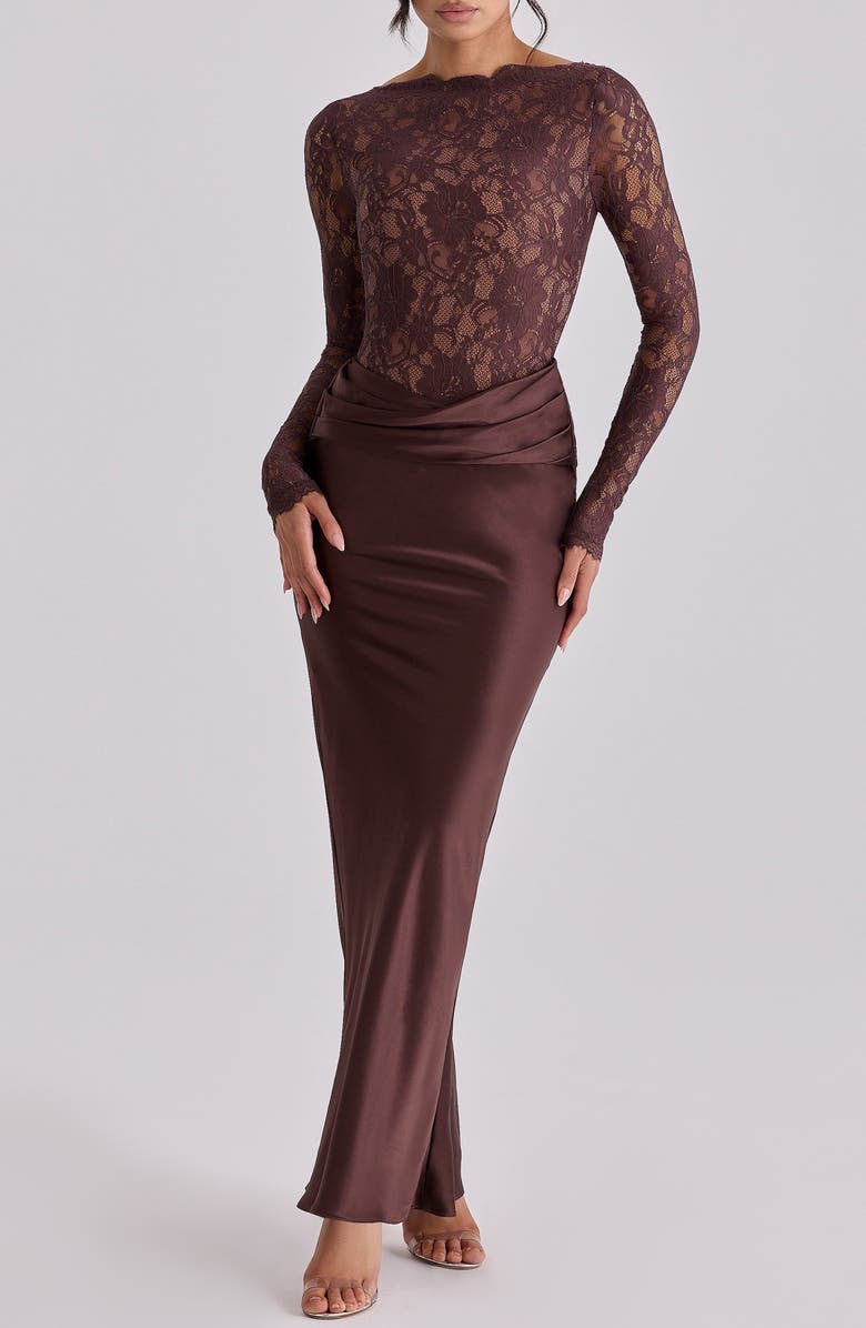 HOUSE OF CB Yasmeen Long Sleeve Lace & Satin Two-Piece Gown, Main, color, Brown