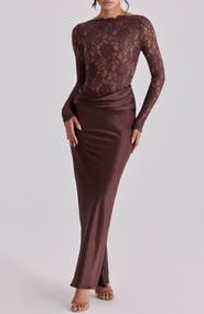 HOUSE OF CB Yasmeen Long Sleeve Lace & Satin Two-Piece Gown