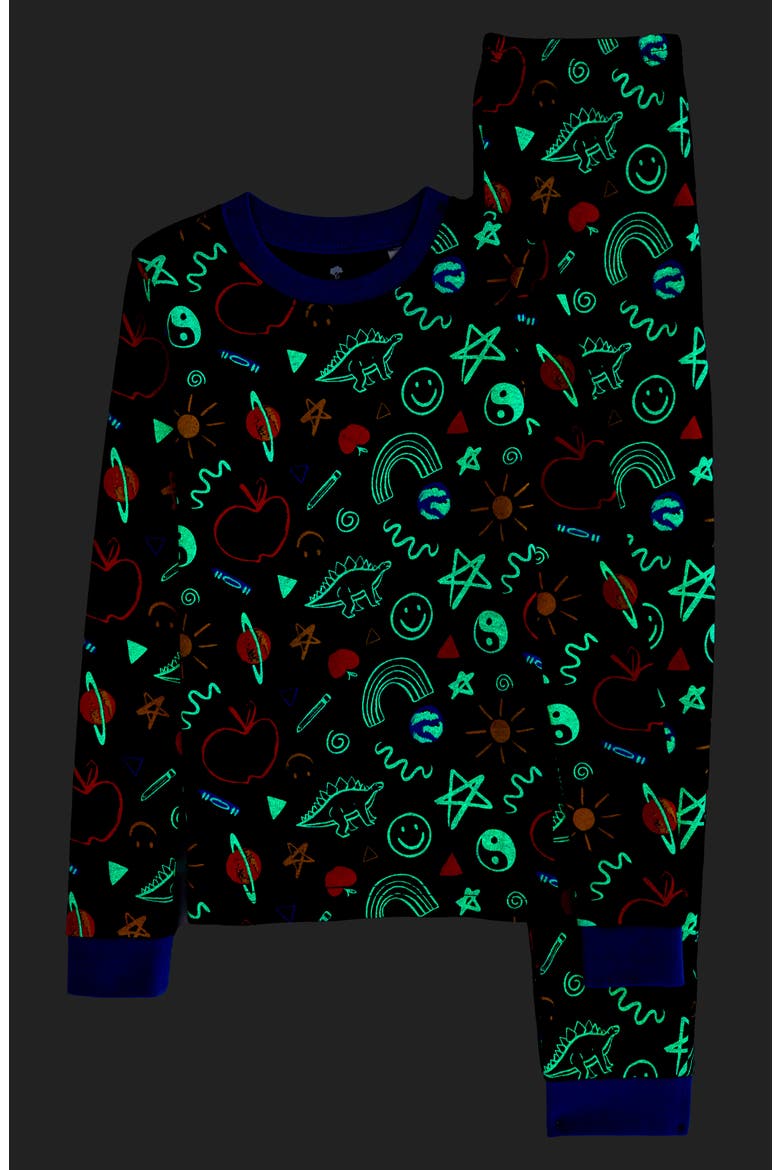 Kids' Glow In The Dark Fitted Two-Piece Pajamas, Alternate, color, NAVY PEACOAT HAPPINESS GLOW