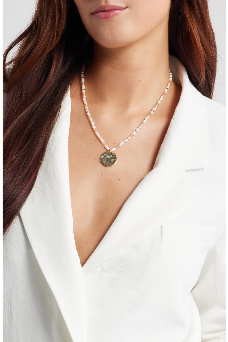 Hammered Coin Pendant Beaded Necklace, Alternate, color, IVORY- GOLD