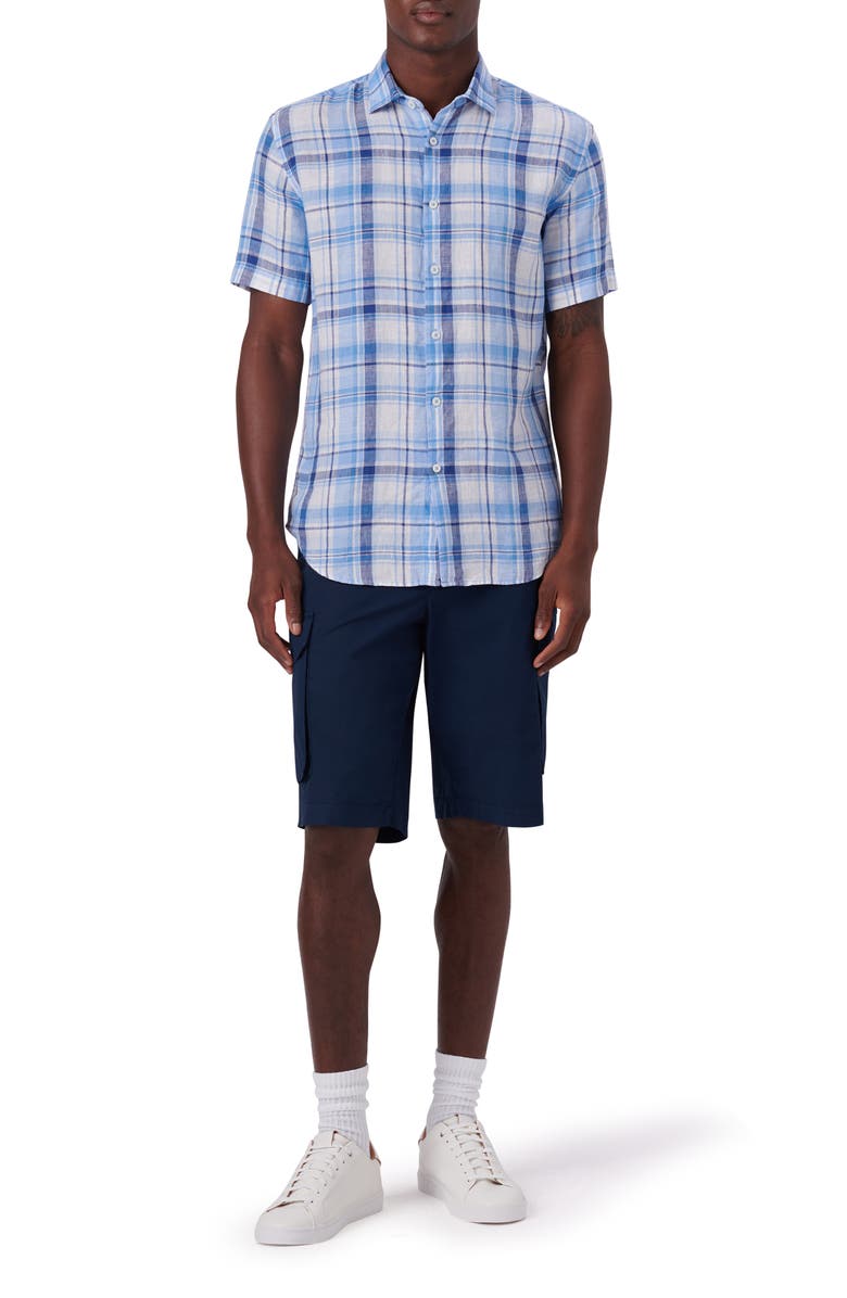 Bugatchi Plaid Short Sleeve Linen Button-Up Shirt, Alternate, color,