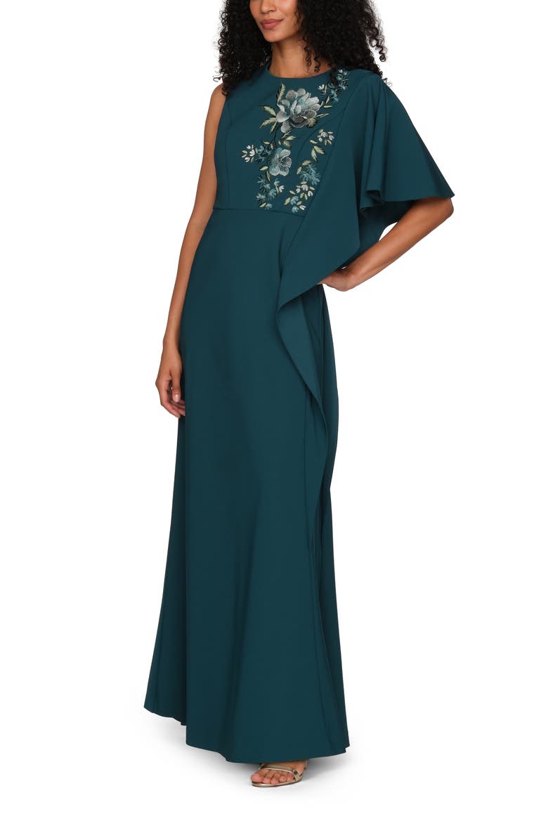 Alisha Embroidered Floral Detail Asymmetric Sleeve Gown, Alternate, color, DEEP TEAL