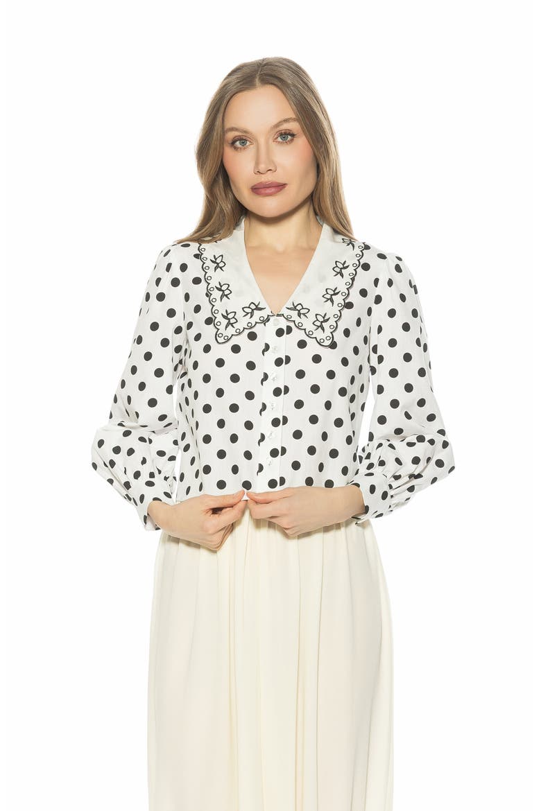 Issey Embroidered Collar Button-Up Shirt, Alternate, color, IVORY POLKA